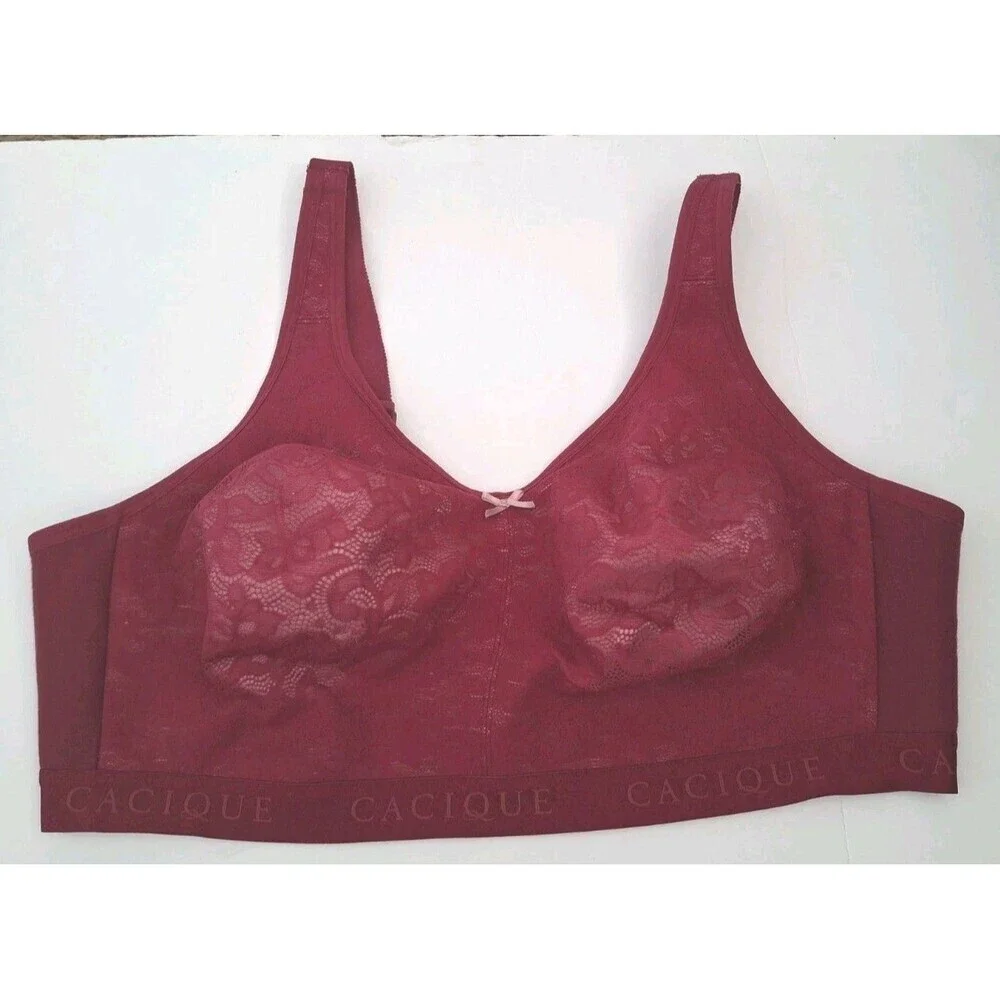 Cacique No Wire Cotton Bra Size 46DDD Unlined Full Coverage Red Floral Lace